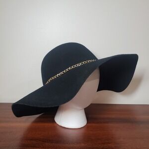 Scala Pronto Black 100% Wool Wide Brim Floppy Hat Gold Chain Accent‎ OSFM 57cm
